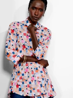 Clearance NIC+ZOE Checked Up Long Crinkle Shirt Pink Multi