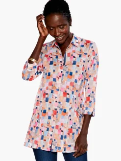 Clearance NIC+ZOE Checked Up Long Crinkle Shirt Pink Multi