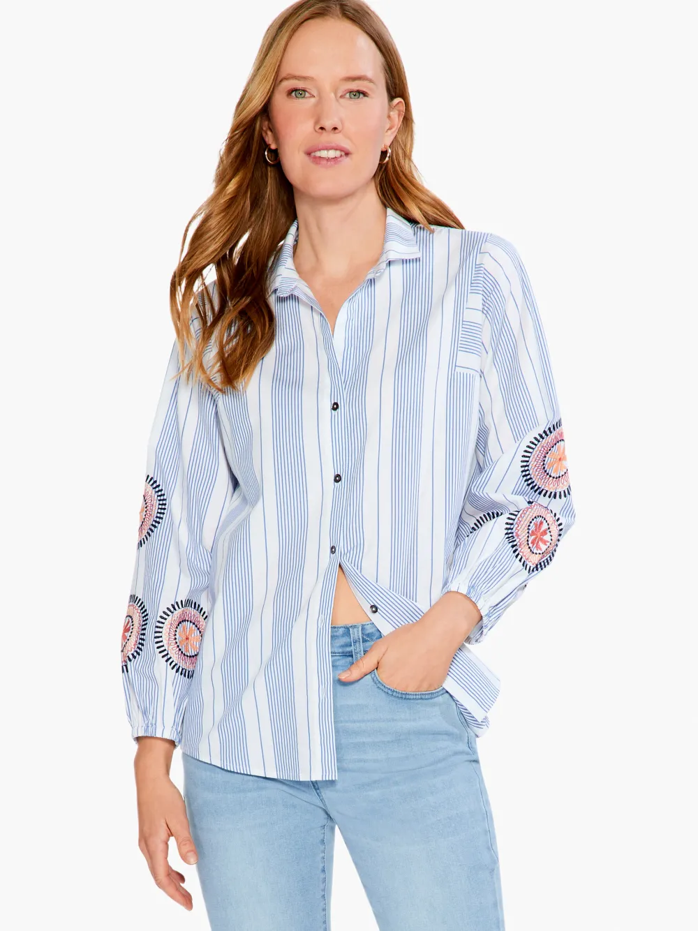 Best Sale NIC+ZOE Embroidered Skies Shirt Blue Multi