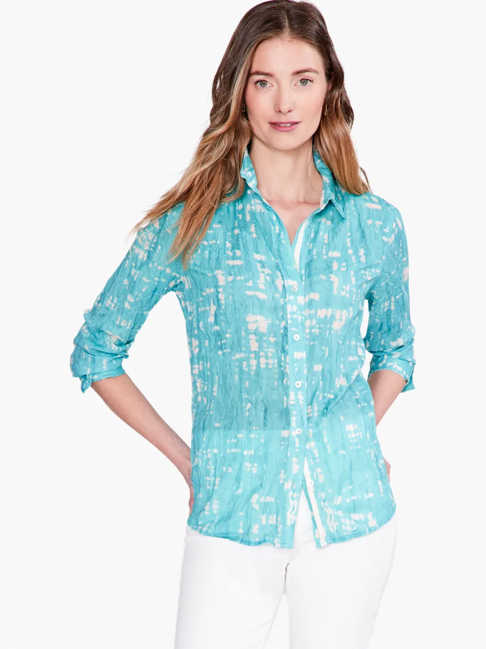 New NIC+ZOE Gleaming Crinkle Shirt Aqua Multi