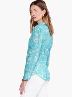 New NIC+ZOE Gleaming Crinkle Shirt Aqua Multi