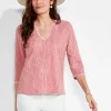 Outlet NIC+ZOE Nzt 3/4 Sleeve Split Collar Stitch Top Pink Multi