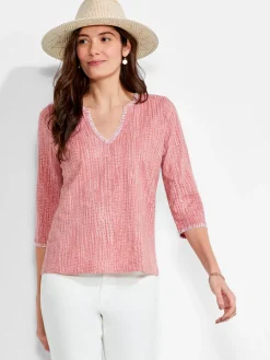 Outlet NIC+ZOE Nzt 3/4 Sleeve Split Collar Stitch Top Pink Multi