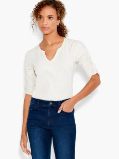 Flash Sale NIC+ZOE Nzt Ruched Elbow Sleeve Split Neck Cobblestone