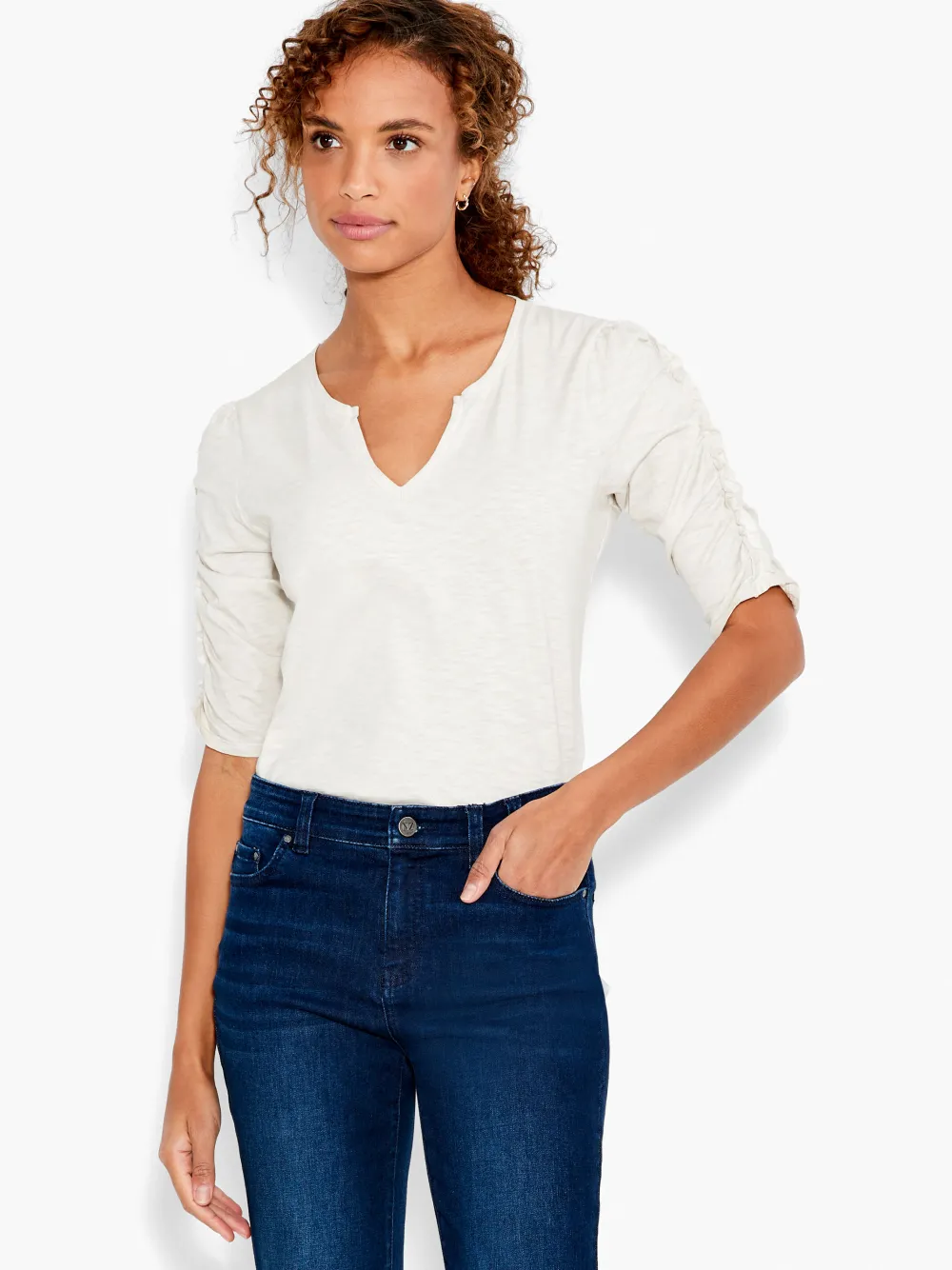 Flash Sale NIC+ZOE Nzt Ruched Elbow Sleeve Split Neck Cobblestone