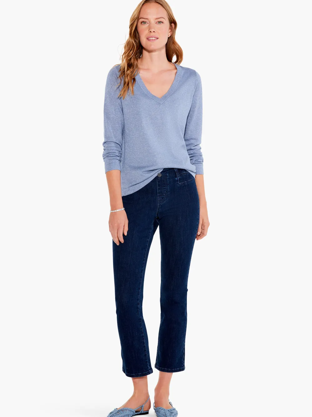 New NIC+ZOE V Neck Long Sleeve Shimmer Sweater Tee Provence