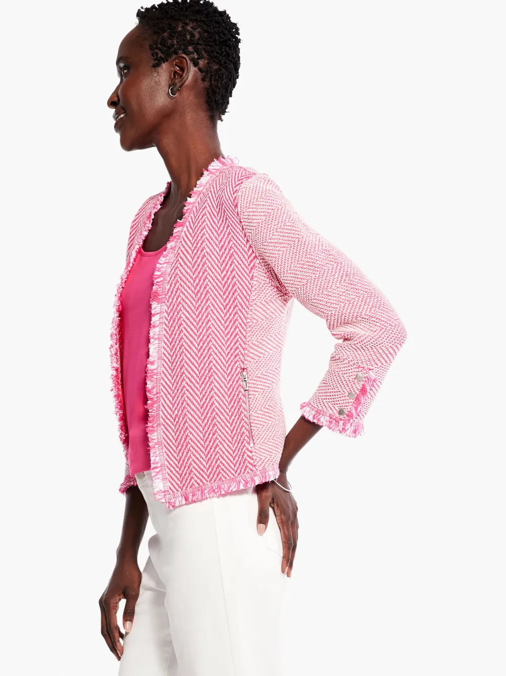 Sale NIC+ZOE Zig Zag Fringe Mix Knit Jacket Shocking Pink