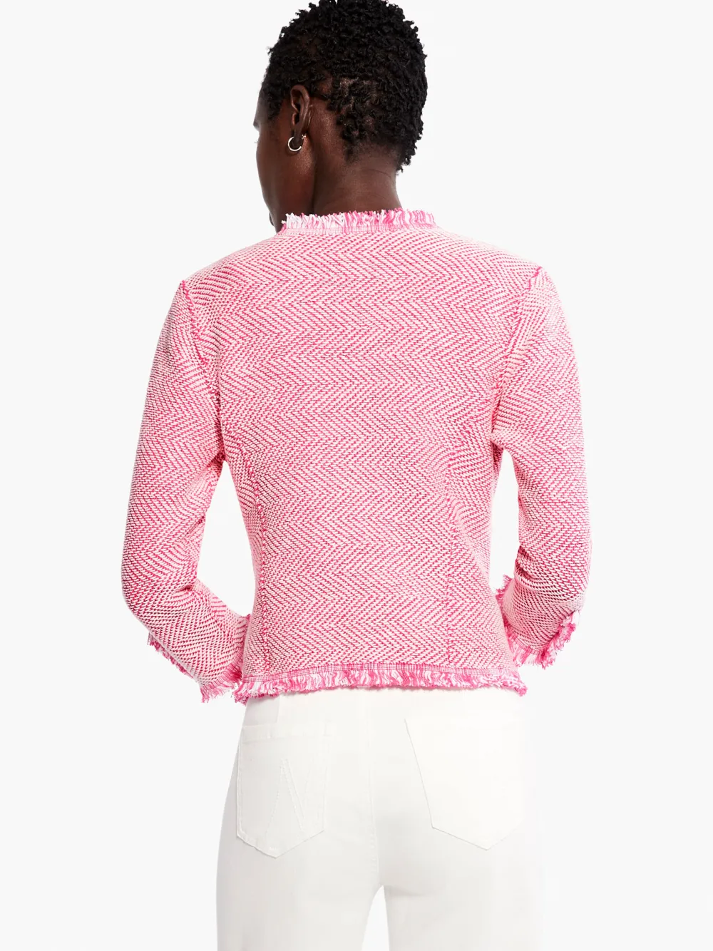 Sale NIC+ZOE Zig Zag Fringe Mix Knit Jacket Shocking Pink